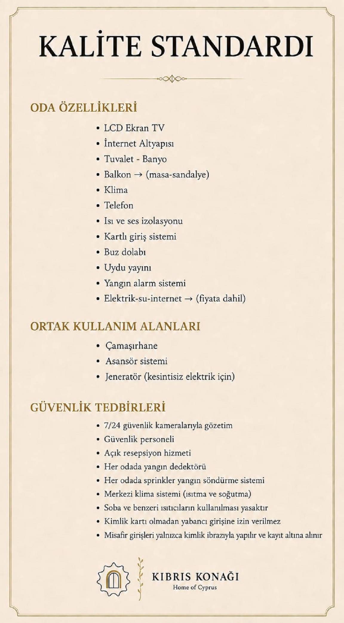 Kıbrıs Konağı Kalite Standardı ve Hizmet Maddeleri